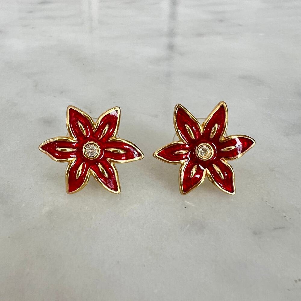 Vintage 90s Red Poinsettia Flower Rhinestone Stud Pierced Earrings by Avon